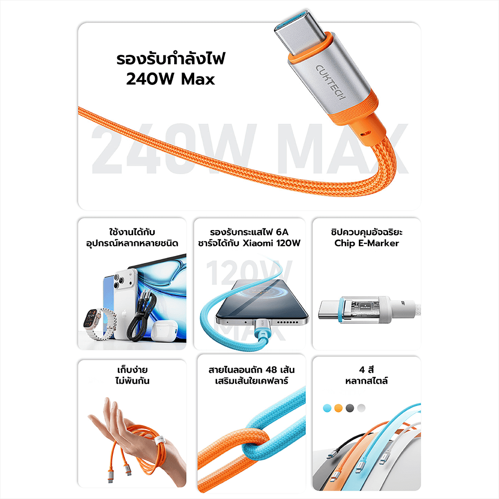 สายชาร์จเร็ว CUKTECH รุ่น CTC615W 6A 240W USB-C ยาว 1.5 ม. สีดำ (รองรับการชาร์จ PD3.1)_2